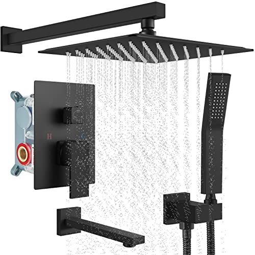 YCVAWEOD Duschmattschwarz-Wand-Duschsystem 8 Zoll Niederschlag Duschkopf mit Badewanne DREI Funkshower-Wasserhahn mit handgehaltenem Duschspray Rough-In-Ventilwanne und Duscharmatur Combo Dusche LWX von YCVAWEOD