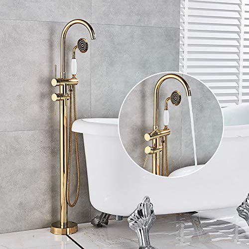 YCVAWEOD Luxus goldbodenbodenmontiertes Badewanne Wasserhahn Setsingle Griff Duschmischer Hahn mit Handheld -Dusche für modernes Badezimmer Freistehle Design Gold Finish LWX von YCVAWEOD