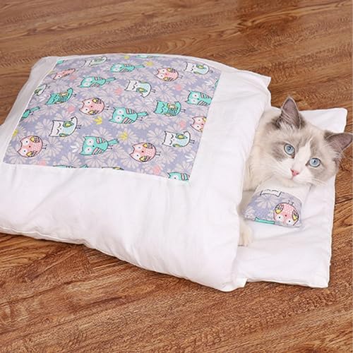 YCYATS Orthopädischer Katzenschlafsack, Die Weiche und Warme Schlafsack Für Katzen, Abnehmbares und Waschbares Katzenkissen, Sicherheitsgefühl-Tierbett (M (Within 3-10 pounds), Eule) von YCYATS