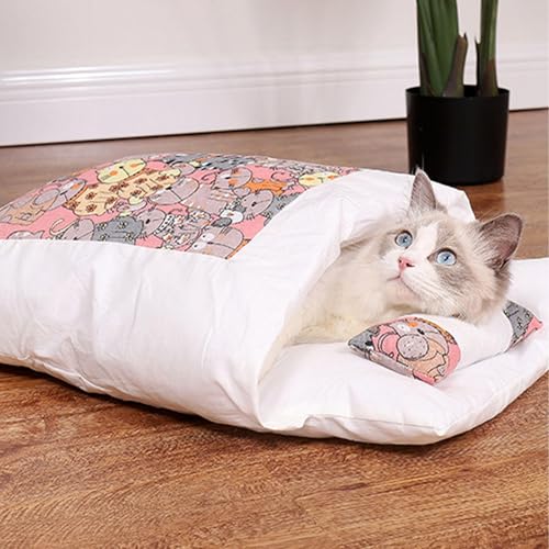 YCYATS Orthopädischer Katzenschlafsack, Die Weiche und Warme Schlafsack Für Katzen, Abnehmbares und Waschbares Katzenkissen, Sicherheitsgefühl-Tierbett (M (Within 3-10 pounds), Pinke Katze) von YCYATS