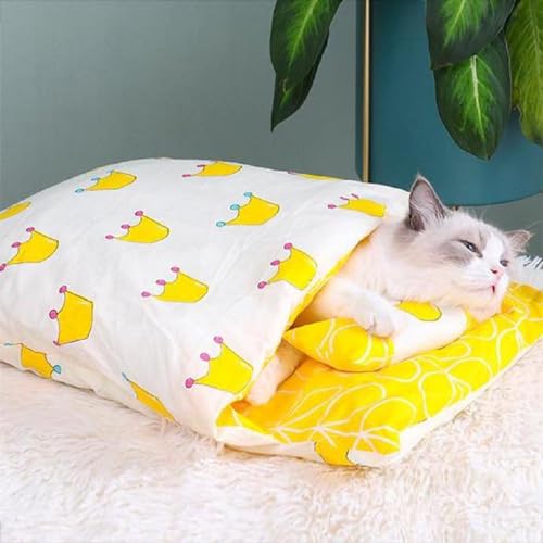 YCYATS Orthopädischer Katzenschlafsack, Die Weiche und Warme Schlafsack Für Katzen, Abnehmbares und Waschbares Katzenkissen, Sicherheitsgefühl-Tierbett (XL (Within 22 pounds), Gelbe Royals) von YCYATS