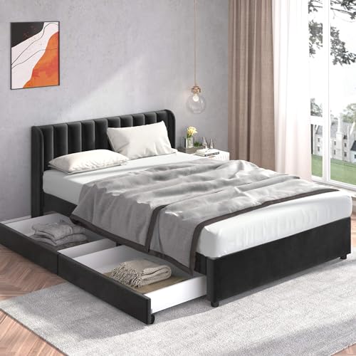 Polsterbett 140x200cm, Doppelbett mit 2 Schublade und Gepolstertes Kopfteil, Bettgestell mit Stauraum und Lattenrost, Stauraumbett für Schlafzimmer und Gästezimmer, Samt, Ohne Matratze, Schwarz von YCYDHDM