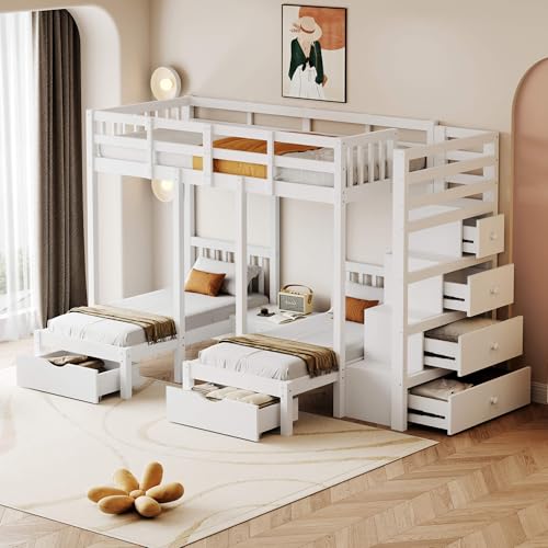 YCYDHDM Dreibett Etagenbett 90x200 und 70x140 cm mit Treppe und Schubladen, Stockbett mit Stauraumtischplatte und Lattenrost, Bettgestell mit Leiter, für 3 Kinder, Ohne Matratze, Weiß von YCYDHDM