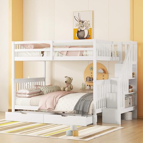 YCYDHDM Etagenbett 140 x 200 cm mit 2 Schubladen und Rausfallschutz, Stockbett Kinderbett mit Treppe und Lattenrost, Treppe mit Stauraum, Bettgestell aus Kiefernholz, Ohne Matratze, Weiß von YCYDHDM
