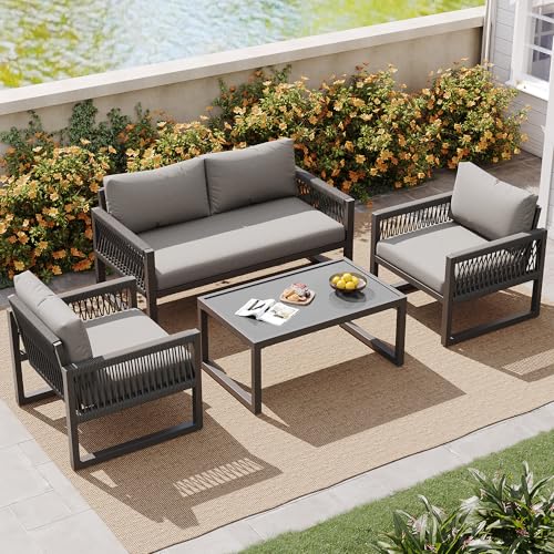 YCYDHDM Garten-Lounge-Set 4 sitzer mit 2 Sessel und Sitzkissen, Gartenmöbel-Set mit Verstellbaren Füßen und Couchtisch, Lounge Möbel Outdoor für Garten, Terrasse, Familientreffen, Grau von YCYDHDM