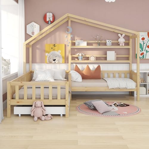 YCYDHDM Hausbett 90x200/140x70 cm mit Schubladen und Ablageregal, Kinderbett Doppelbett mit Lattenrost und Dach, Bettgestell aus Kiefernholz, für Kinderzimmer, L-Struktur, Ohne Matratze, Natur von YCYDHDM