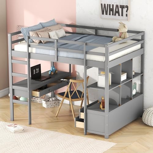 YCYDHDM Hochbett 140x200cm mit Schreibtisch und Regalen, Kinderhochbett Jugendbett mit Rausfallschutz und Stauraum, Bettgestell aus Kiefernholz, Doppelbett Kinderbett, Grau YCYDHDM Hochbett 140x200cm mit Schreibtisch und Regalen, Kinderhochbett Jugendbett mit Rausfallschutz und Stauraum, Bettgestell aus Kiefernholz, Doppelbett Kinderbett, Grau von YCYDHDM