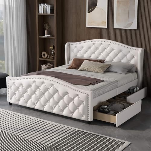 YCYDHDM Polsterbett 160 x 200 cm, Doppelbett mit 2 Schubladen und Lattenrost, Bett mit Gepolstertes Kopfteil, Stauraumbett für Schlafzimmer und Gästezimmer, PU-Material, Ohne Matratze, Weiß von YCYDHDM