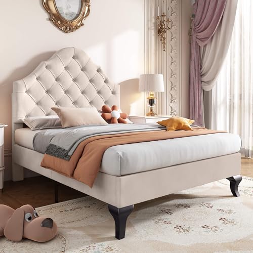 YCYDHDM Polsterbett 90x200cm, Bett mit Lattenrost und Höhenverstellbares Kopfteil, Einzelbett Bettgestell für Erwachsene und Jugendliche, Hautfreundliche Flanellstoff, Ohne Matratze, Beige von YCYDHDM
