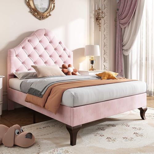 YCYDHDM Polsterbett 90x200cm, Bett mit Lattenrost und Höhenverstellbares Kopfteil, Einzelbett Bettgestell für Erwachsene und Jugendliche, Hautfreundliche Flanellstoff, Ohne Matratze, Rosa von YCYDHDM