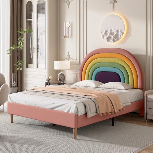 YCYDHDM Polsterbett Kinderbett 140 x 200 cm mit Höhenverstellbares Kopfteil, Jugendbett Doppelbett mit Holzlattenrost, Holzlattenunterstützung, Bett für Jungen und Mädchen, Samt, Ohne Matratze, Rosa von YCYDHDM