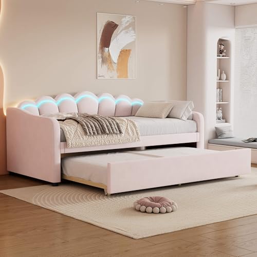 YCYDHDM Tagesbett 90 x 200 cm mit Ausziehbares Rollbett und Stimmungsbeleuchtung, Polsterbett mit Rückenlehne und Lattenrost, Bett für Wohnzimmer und Schlafzimmer, Samt, Ohne Matratze, Rosa YCYDHDM Tagesbett 90 x 200 cm mit Ausziehbares Rollbett und Stimmungsbeleuchtung, Polsterbett mit Rückenlehne und Lattenrost, Bett für Wohnzimmer und Schlafzimmer, Samt, Ohne Matratze, Rosa von YCYDHDM