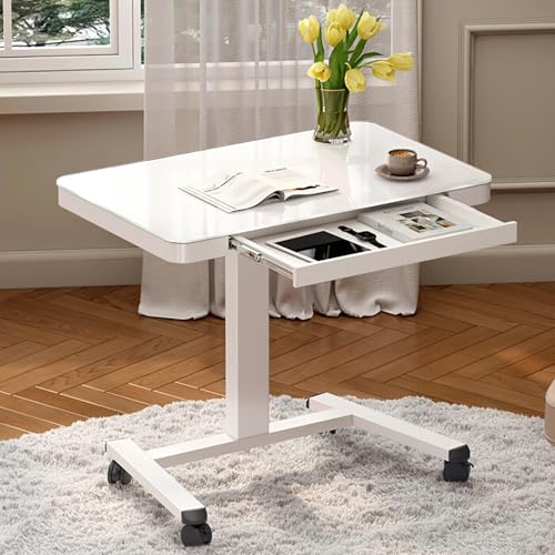 YCYHXJB Standing Desk Glas mit Schublade, Beistelltisch Couch Laptopwagen auf Rädern, Höhenverstellbarer Schreibtisch mit Stauraum, Weiß von YCYHXJB