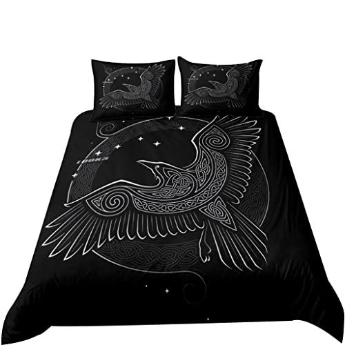 YCYR 3 Stück Krähe Bettwäsche-Set, Nordische Mythologie Wikinger Drucken Keltisch Rabe Queen Bett Tröster Bettbezüge & Kissenbezug Für Schlafzimmer,Schwarz,135 X 210 cm von YCYR