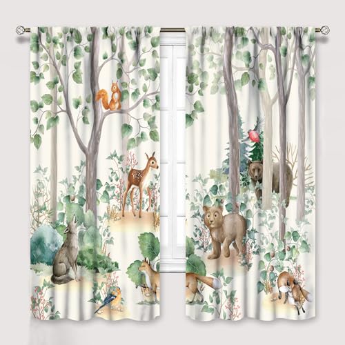Waldtier-Kindervorhänge, wilder rustikaler Bär, Fuchs, Hirsch, Kinder, Cartoon-Fensterbehandlungen für Wohnzimmer, Aquarell-Verdunkelungsvorhänge, 2 Paneele, 213 x 213 cm von YCness