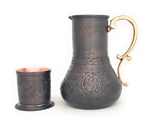 YDB Copper-KBS Serie,NEW2022 massives Kupfer, handgefertigt, graviert, 1.3 l Kupferkrug und 228 ml Becher-Set mit Deckel, Wasserkrug, Moscow Mule, Desktop/Nachttisch, Wasserkaraffe (antike Gravur) von YDB You Deserve Better