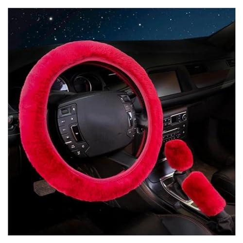 YDCDFVBVGM Lenkradbezug Auto 3-teiliges Set Weiches Pelziges Auto-Innenzubehör Ganzjahres-Universal-Gangschaltung Handbremse Auto-Lenkradabdeckung Universal Lenkradschutz(Red) von YDCDFVBVGM