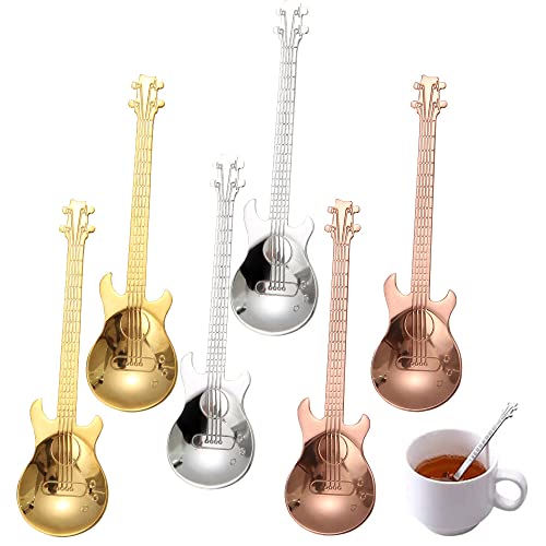 6 Stück Edelstahl Dessertlöffel Set, Teelöffel, Kaffee Löffel, Edelstahl Gitarren Löffel, Kleine Zuhause Löffel, für Tee, Milch, Kaffee, Dessert, Drink, Milchshake (Silber, Gold, Roségold) von YDDZ