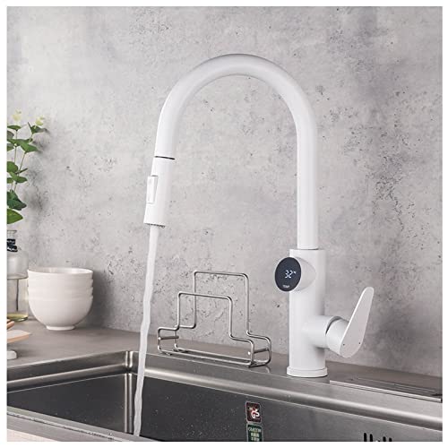 Küchenarmaturen mit ausziehbarem Hebel, Küchenarmatur mit digitaler Temperaturanzeige, Pull-Down-Sprüher, 360-Grad-Schwenk, Touch-On, Gold, Weiß, Schwarz, Grau(Blanc) von YDHSIKK