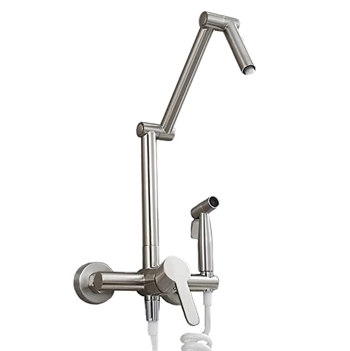 Küchenarmaturen mit ausziehbarem Hebel, Wandhalterung Topffüller Wasserhahn Faltbare Schwenkarm Spritzpistole 2-Loch Einzelgriff(Brushed Nickel) von YDHSIKK