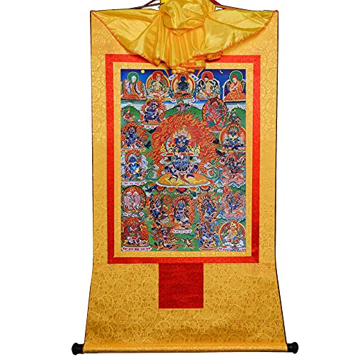 YDHSIKK Tibetische buddhistische Thangka Wand hängend, Thangka Wandteppich, buddhistischer Brokat, Mahakala, Schutzgottheit, Mehrfarbig, mehrere Größen(Yellow,XL(120cm*82cm)) von YDHSIKK