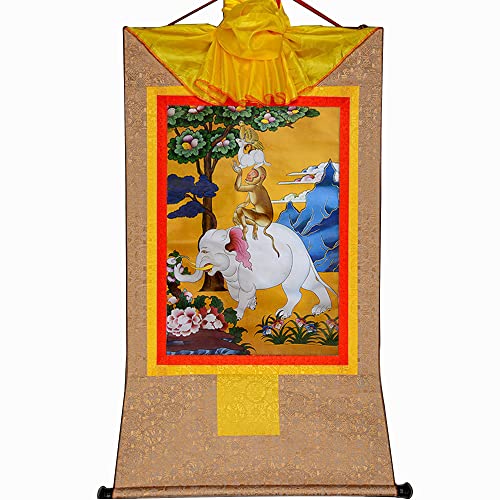 YDHSIKK Tibetische buddhistische Thangka Wand hängend, Tibetisch-buddhistischer Thangka-Brokat-Wandteppich „Vier harmonische Tiere“, Mehrfarbig, mehrere Größen(Beige,Small(35cm*27cm)) von YDHSIKK