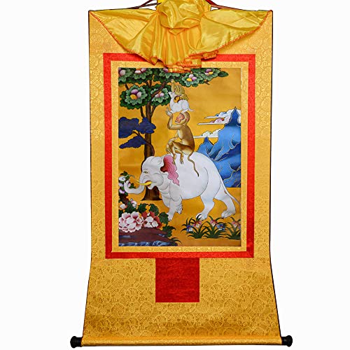 YDHSIKK Tibetische buddhistische Thangka Wand hängend, Tibetisch-buddhistischer Thangka-Brokat-Wandteppich „Vier harmonische Tiere“, Mehrfarbig, mehrere Größen(Yellow,Large(85cm*63cm)) von YDHSIKK