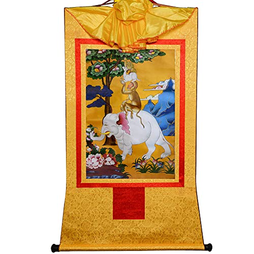 YDHSIKK Tibetische buddhistische Thangka Wand hängend, Tibetisch-buddhistischer Thangka-Brokat-Wandteppich „Vier harmonische Tiere“, Mehrfarbig, mehrere Größen(Yellow,XL(120cm*82cm)) von YDHSIKK