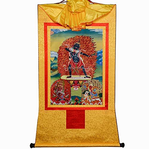 YDHSIKK Tibetische buddhistische Thangka Wand hängend, Tibetisches Thangka-Gemälde, DREI Dharmapalas, Stoff, Seidenbrokat, Stickerei, Mehrfarbig, mehrere Größen(Yellow,Large(85cm*63cm)) von YDHSIKK