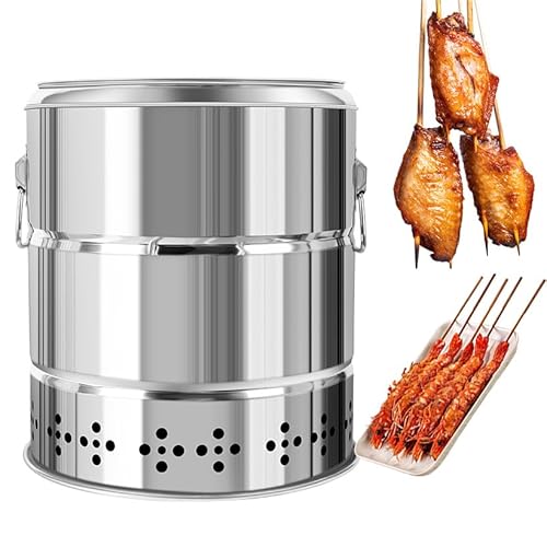 tragbarer faltbarer Holzkohlegrill, Grill im Freie Rauchfreier Holzkohlegrill aus Edelstahl mit Surround-Charge, Grillfass mit 28 Spießen, 360°-Rundum-Braten, multifunktional von YDHSIKK