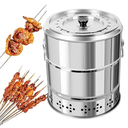 tragbarer faltbarer Holzkohlegrill, Grill im Freie Rauchfreier Holzkohlegrill aus Edelstahl mit Surround-Charge, Grillfass mit 28 Spießen, 360°-Rundum-Braten, multifunktional von YDHSIKK