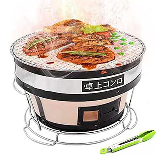 tragbarer faltbarer Holzkohlegrill, Grill im Freie Tragbarer Holzkohlegrillrost, japanischer Tisch-Keramikton mit Drahtgittergrill und Lebensmittelzange von YDHSIKK