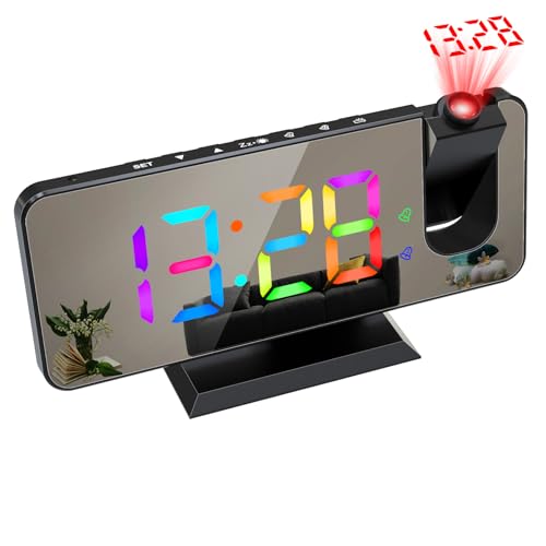 YDRCESMI Digitaler 180°-Projektionswecker mit dynamischem RGB-Licht, Einstellbarer Schlummerfunktion, doppelter Alarmeinstellung, USB-Ladeanschluss, Spiegeluhr für Schlafzimmer, 12 Std./24 (Schwarz) von YDRCESMI