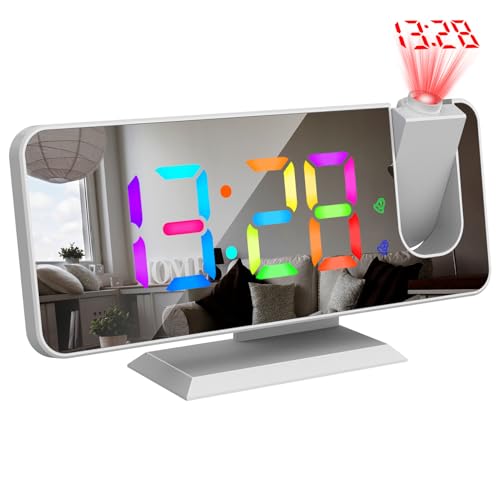 YDRCESMI Digitaler 180°-Projektionswecker mit dynamischem RGB-Licht, Einstellbarer Schlummerfunktion, doppelter Alarmeinstellung, USB-Ladeanschluss, Spiegeluhr für Schlafzimmer, 12 Std./24 (Weiß) von YDRCESMI
