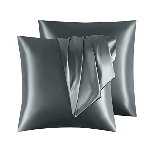 2 Stück Satin Kissenbezug 80x80, ähnlich wie Seide, Kopfkissenbezug Satin Pillowcase Kissen Bezug Kissenhülle für Haar und Haut, Dunkel Grau von YDW