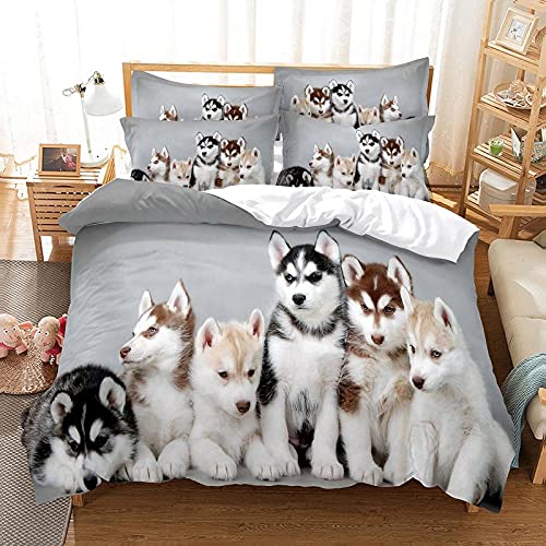 Bettwäsche 135x200 Grauer Husky Bettbezug mit Reißverschluss und 2 Kissenbezug 80x80 cm, Für Kinder Einzelbett - Atmungsaktive Mikrofaser von YDYRX