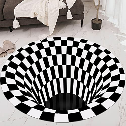 YDZB Runder Teppich Karierter Vortex Optische Täuschungen Teppich 3D Langlebige Anti-Rutsch-Bodenmatte Vlies Schwarz Weiß Fußmatte für Wohn-Esszimmer Schlafzimmer Küche (Weiß, 40cm) von YDZB