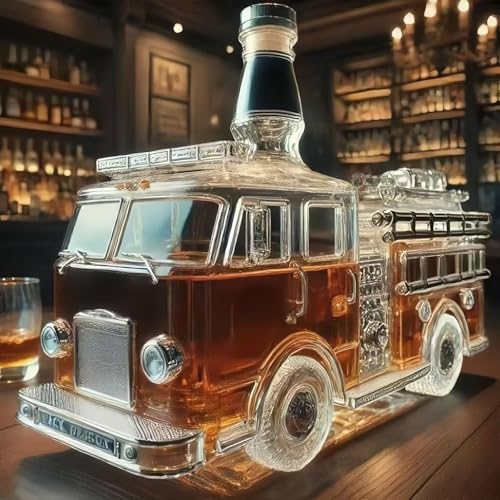 300ML Weindekanter Dekanter Whiskey Karaffe Statue - 3D-Whisky-Weinflasche In Feuerwehrauto-Form, Neuartiger Handgeschnitzter Whisky-Dekanter Aus Glas, Schnapsspender Mit Automobilmotiv(B) von YDZYFFS