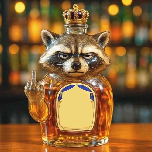 300ML Weindekanter Dekanter Whiskey Karaffe Statue - 3D-Whisky-Weinflasche Mit Waschbär-Motiv, Neuartige Whisky-Karaffe Aus Glas, Lustiges Tiermotiv, Leere Weinkaraffe(D) von YDZYFFS
