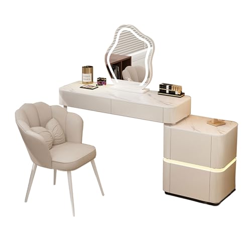 YDkjwjw Schlafzimmer-Schminktisch mit Verstellbarem LED-Drehspiegel und Lichtern, Schminktisch mit Schubladen, Seitenschrank mit 3 Schubladen und Rückenlehne YDkjwjw Schlafzimmer-Schminktisch mit Verstellbarem LED-Drehspiegel und Lichtern, Schminktisch mit Schubladen, Seitenschrank mit 3 Schubladen und Rückenlehne von YDkjwjw