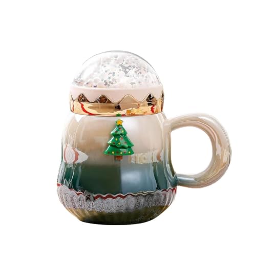 YDoLimmer Keramik Weihnachtstasse Perlenglanz Weihnachtsbecher Kaffeetasse mit Deckel für Heiß- & Kaltgetränke Kaffeebecher Porzellanbecher Neujahrsgeschenk (Grün) von YDoLimmer
