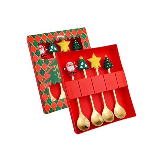 YDoLimmer Weihnachten Kaffeelöffel Set Edelstahl Rührlöffel Teelöffel 4 Stück Weihnachtslöffel Cartoon 3D Weihnachtsdeko Weihnachtsmann Weihnachtsbaum (Gold) von YDoLimmer