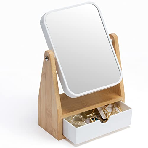 YEAKE Vanity Makeup Mirror with Storage, 1X/3X Magnifying Mirror with Adjustable Natural Bamboo Stand,Portable Small Table Desk Countertop Mirror with Drawer, Bathroom Shaving Mirror(Rectangular) von YEAKE