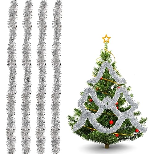 4 Stück Weihnachten Lametta, 2 Meter Metallische Lametta Girlanden, Weihnachtsgirlande Silber, Lametta Girland, Christbaumgirlanden, Für Eine Funkelnde Festdekoration! (Silber) von YEAPEAK