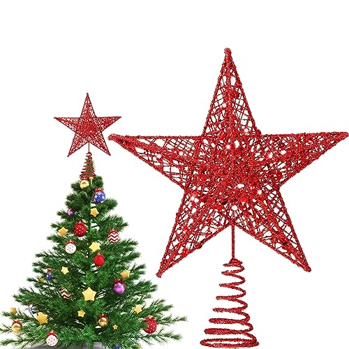 Strahlender Weihnachtsbaumstern Aus Metall - Rote Christbaumspitze Mit Funkelnden Glitzerdetails -Stern Baumspitze Ausgehöhlte, Tannenbaum Stern Weihnachtsfeier Decoartion - 24 cm Baumkronenstern von YEAPEAK