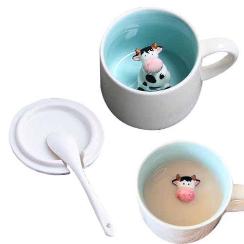 Süß Kuh Kaffeebecher, Kuh Tasse Kaffeetass, Tasse Aus Keramik Mit 3d Tier, Tasse Geschenk Kuh, Kuh Tasse Aus Keramik, 350ml Keramik Teetasse Kaffeebecher Süße Tee Kaffee Becher, Tierbecher Mit Löffel von YEAPEAK