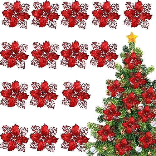 YEAPEAK Weihnachtsbaumschmuck Blume - 15-Teiliges Weihnachten Glitzer Weihnachtsstern - Christmas Poinsettia, Weihnachtsblumen Deko, Blumen Zum Schmücken Von Weihnachtsbäumen Und Kränzen! (Rot) von YEAPEAK