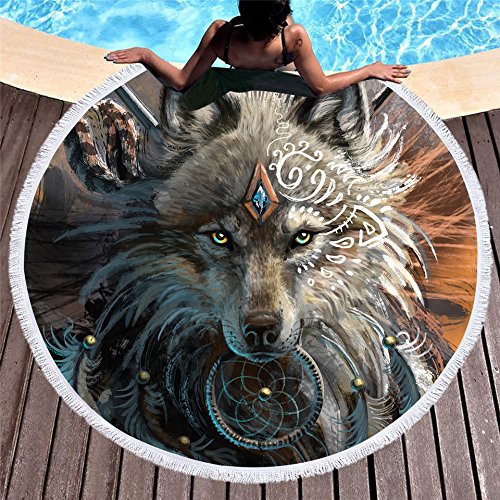 YEARGER Wolf Warrior von SunimaArt Runde Strandtuch Erwachsene Wolf gedruckt Mikrofaser mit Quaste Handtuch indische Decke Große von YEARGER