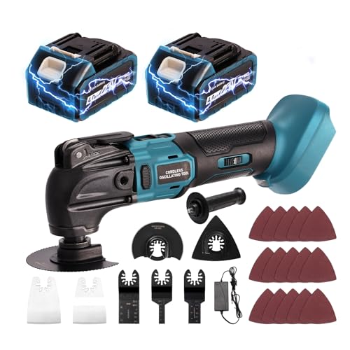Akku Multifunktionswerkzeug Bürstenloses für 2 PCS 21V 4.0Ah Batterien Multitool,Oszillierwerkzeug 26 PCS Kit mit Zusatzhandgriff zum Schneiden, 6 variable, 22000 U/min (Blau mit zwei 4.0A Batterien) von YEARTOP