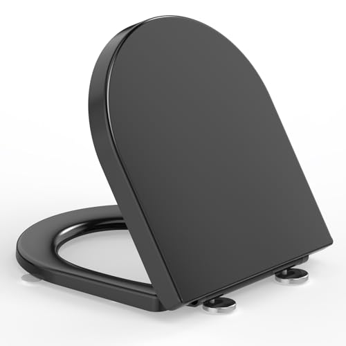 WC Sitz mit Absenkautomatik D-Form [KURZ], YEAUPE PRO Toilettendeckel mit Puller Lid, Toilettensitz mit Quick-Release Funktion für einfach Reinigung, 150 kg belastbar, 42,5 * 36,3 * 4,9 CM, Schwarz von YEAUPE PRO